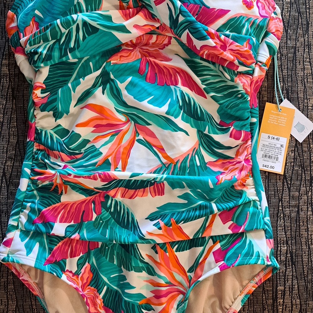 Kona Sol Green and Pink Tropical One Piece Swimsuit